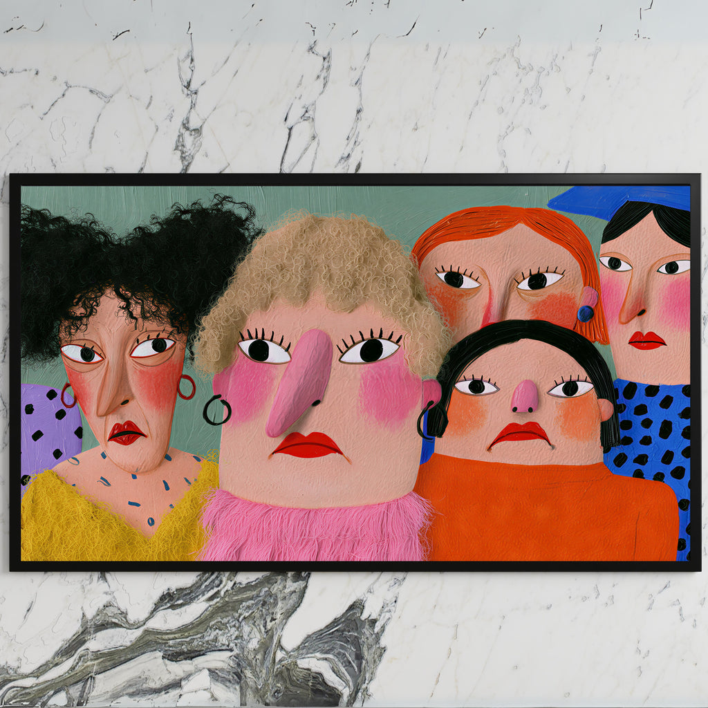 Funny faces portrait art on a black TV on a white marble wall