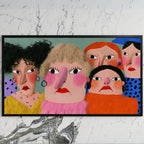 Funny faces portrait art on a black TV on a white marble wall