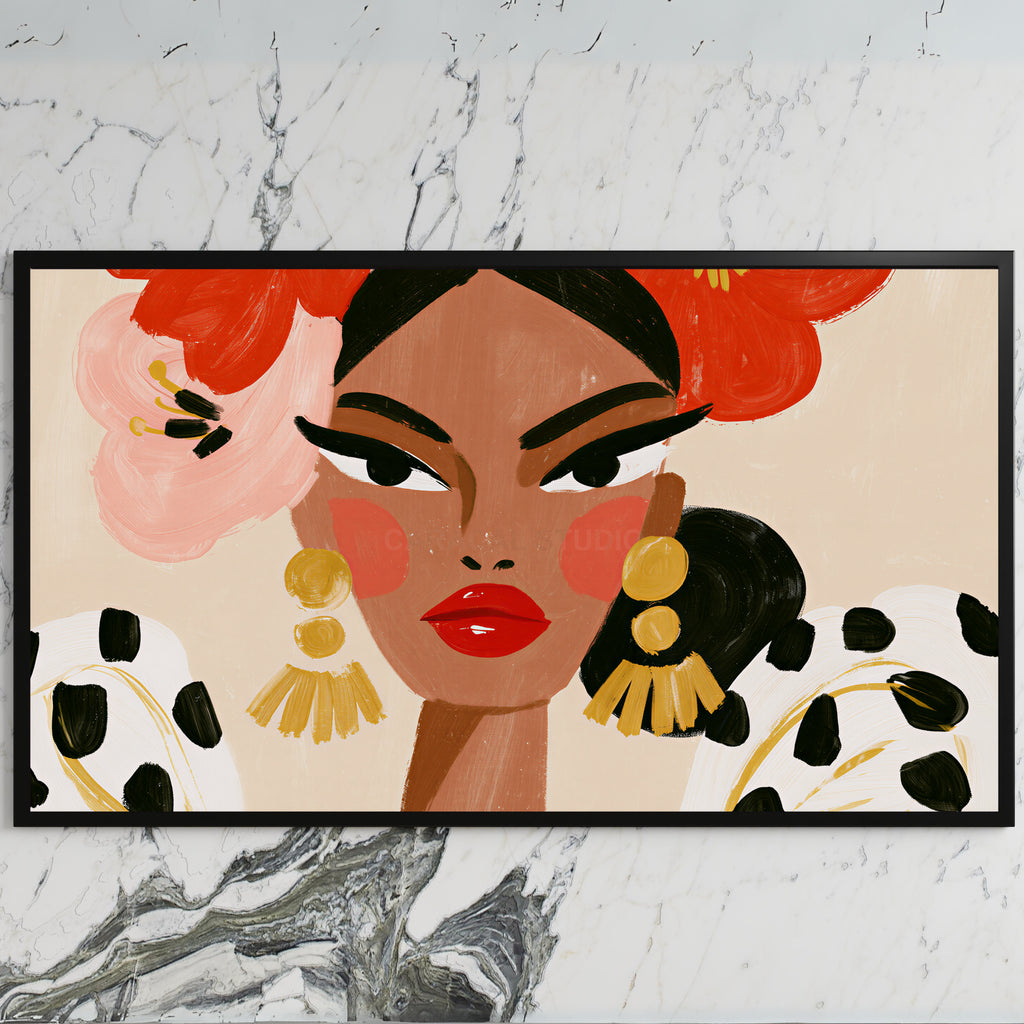 Fashion portrait art on a black TV on a white marble wall