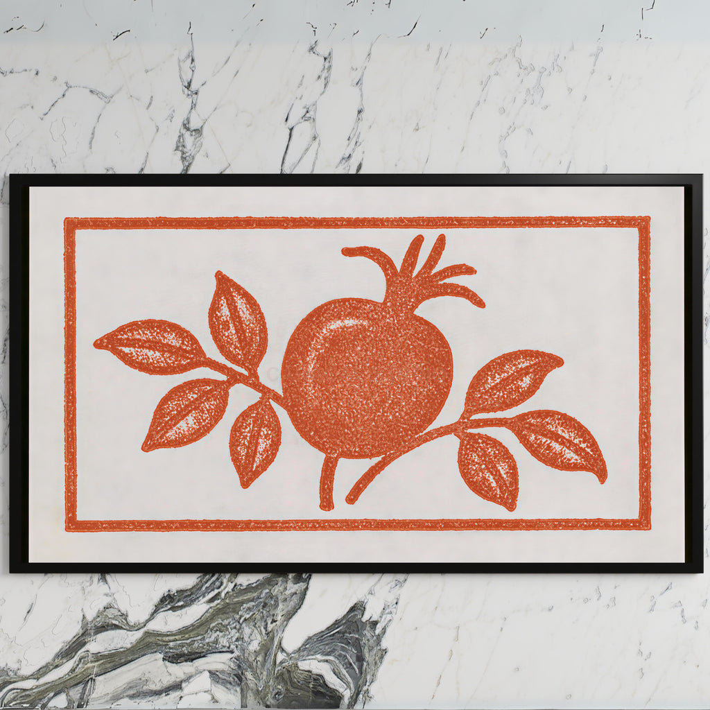 Pomegranate linocut art on a black TV on a white marble wall