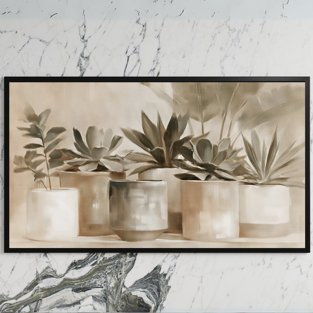 Neutral succulent pots art on a black TV on a white marble wall
