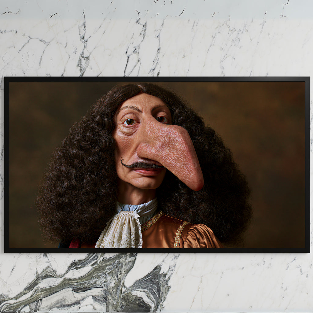 Funny baroque portrait art on a black TV on a white marble wall