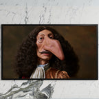 Funny baroque portrait art on a black TV on a white marble wall