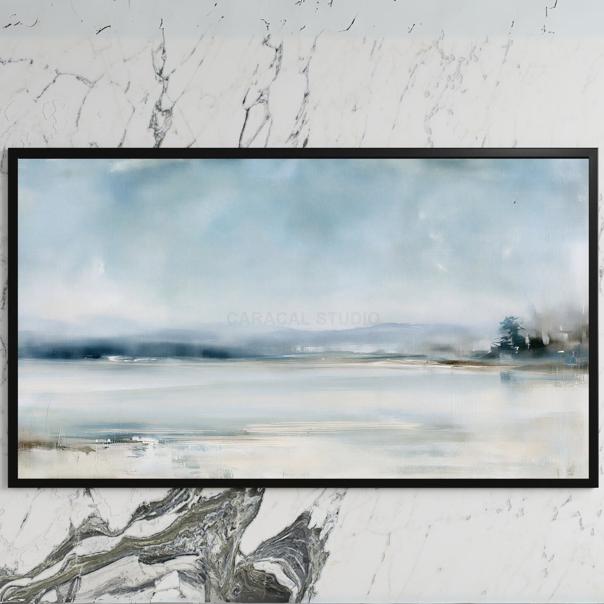 Snowy landscape art on a black TV on a white marble wall