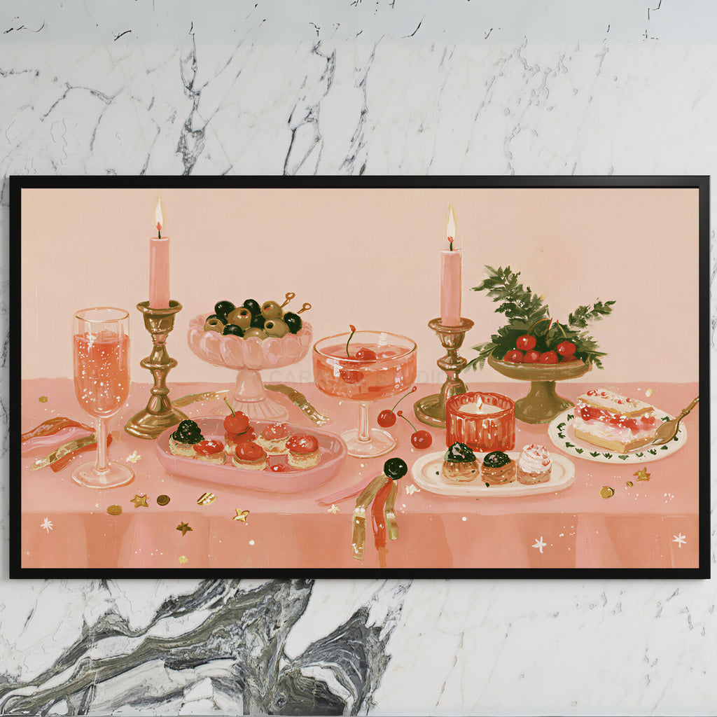 Party table still life art on a black TV on a white marble wall