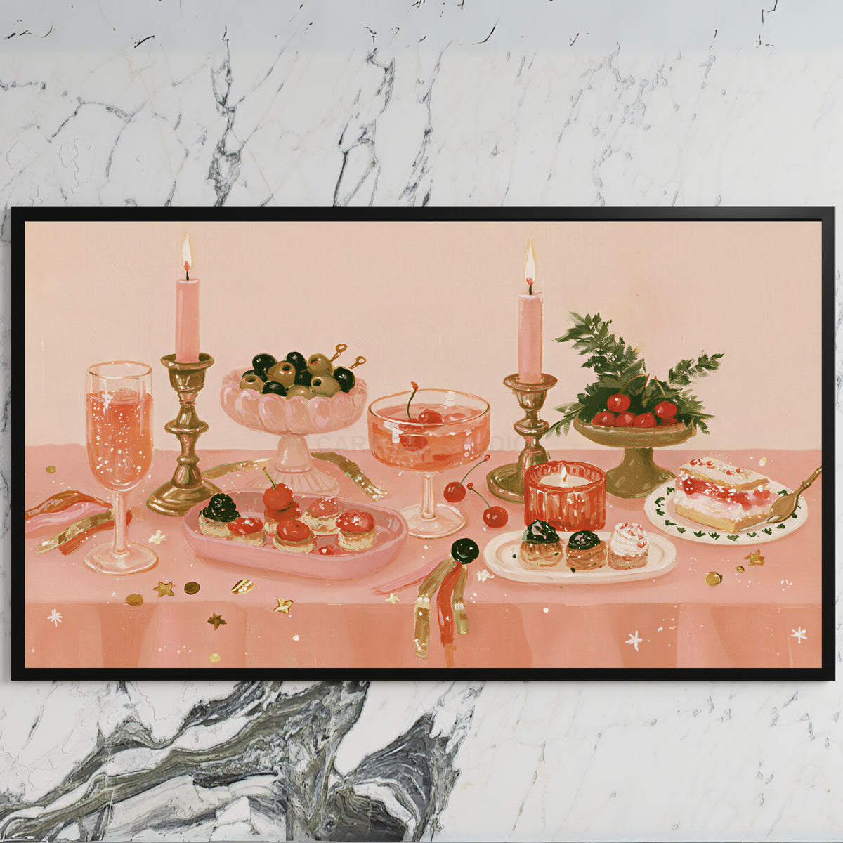 Party table still life art on a black TV on a white marble wall