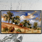 Hillside trees art on a black TV on a white marble wall