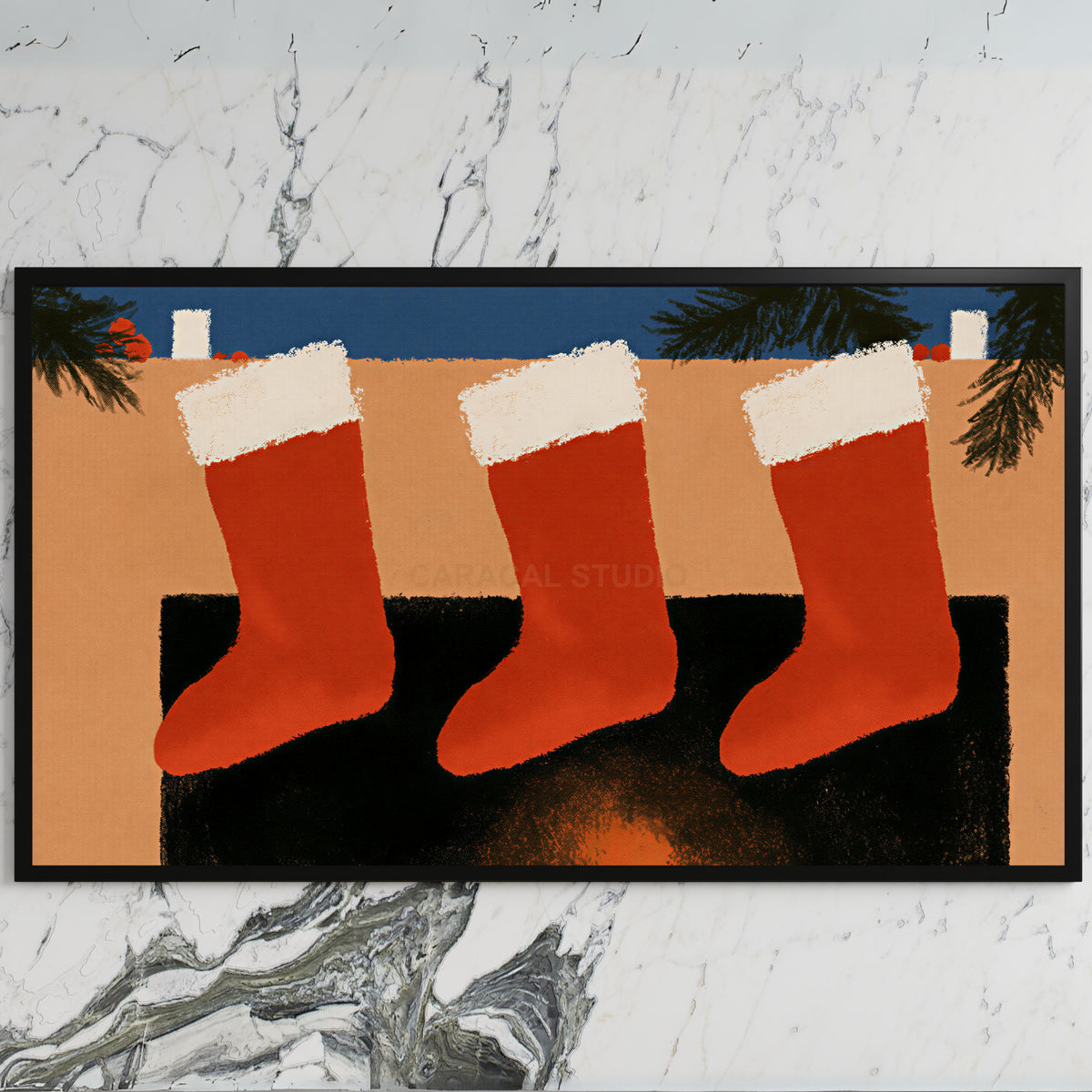 Stockings on the mantel art on a black TV on a white marble wall