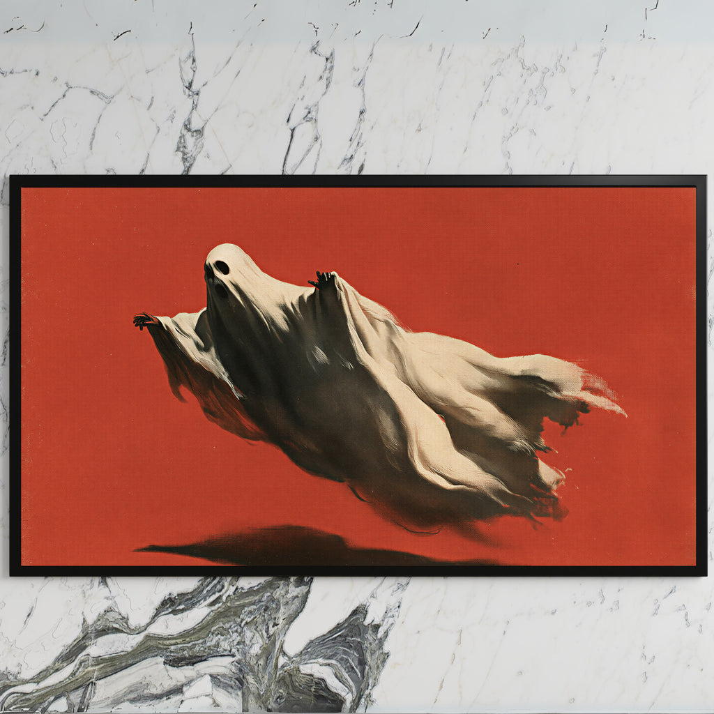 Flying ghost art on a black TV on a white marble wall