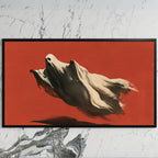 Flying ghost art on a black TV on a white marble wall