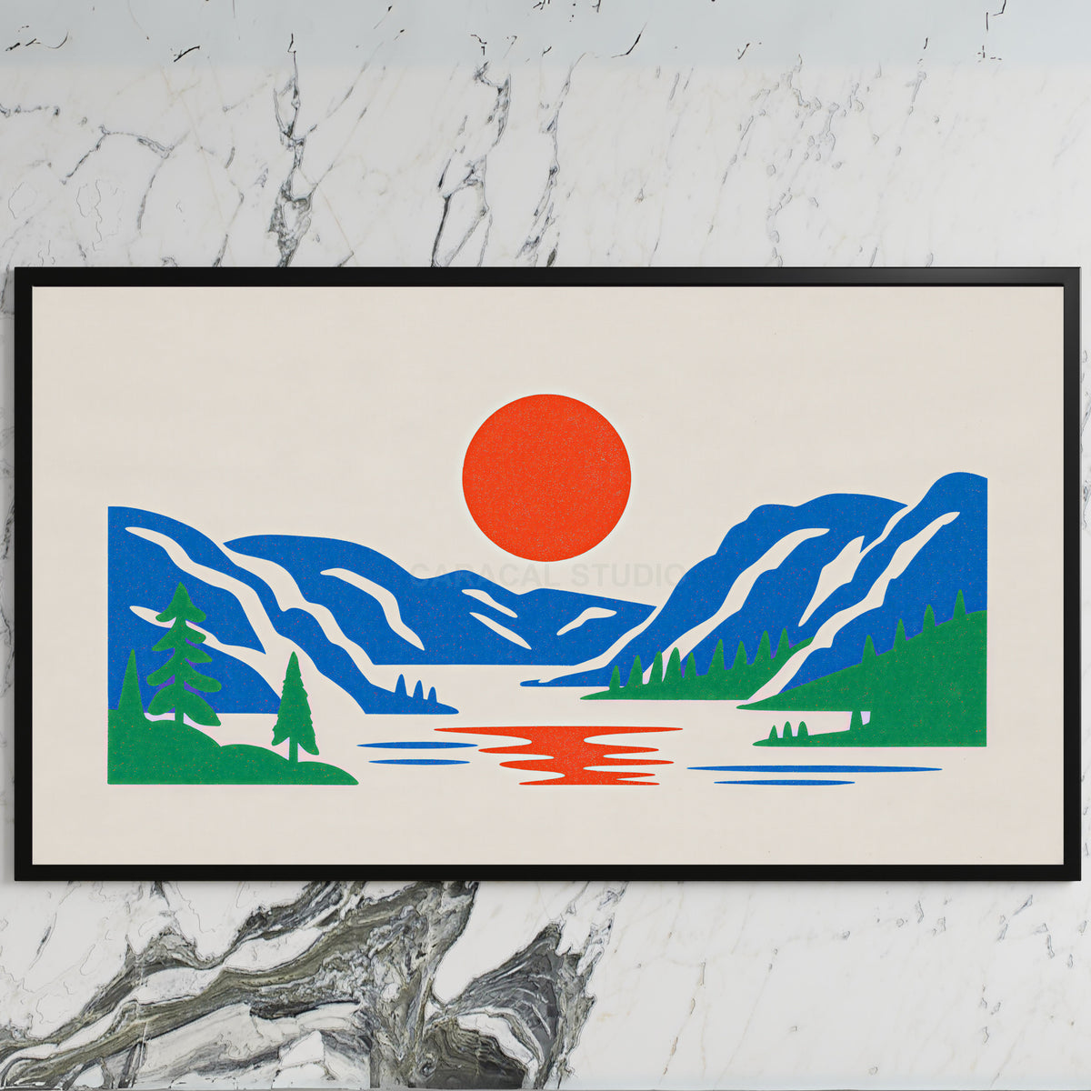 Mountain lake sun art on a black TV on a white marble wall
