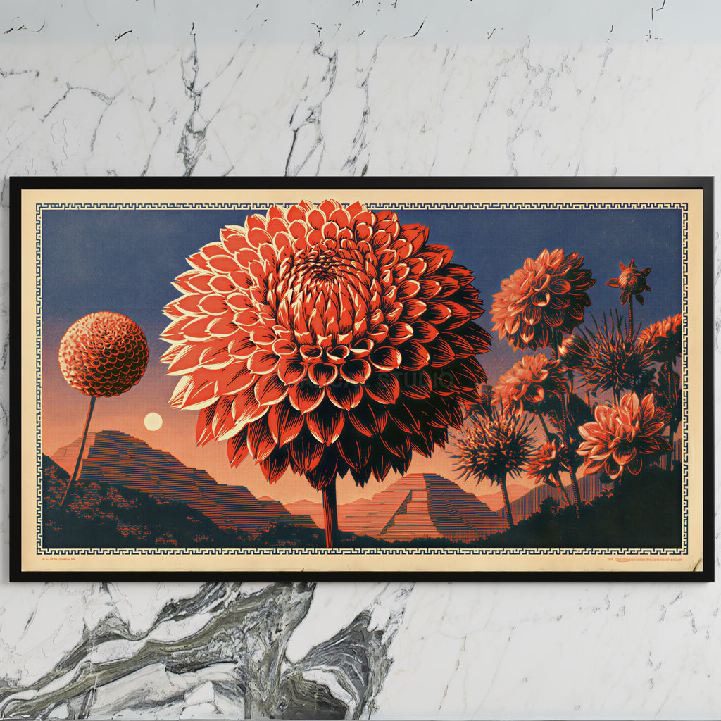 Retro dahlia art on a black TV on a white marble wall