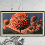 Retro dahlia art on a black TV on a white marble wall