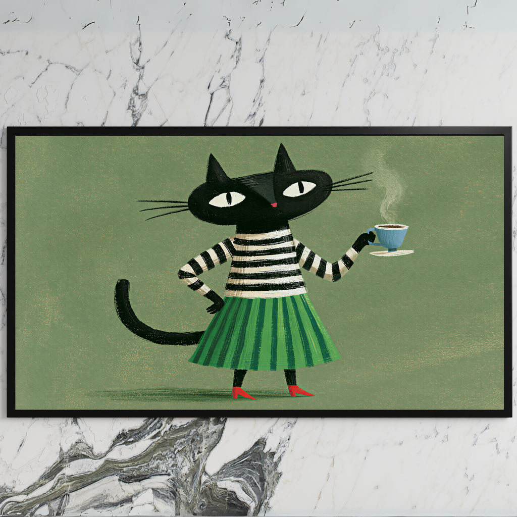 Black cat with a cup of tea art on a black TV on a white marble wall