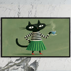 Black cat with a cup of tea art on a black TV on a white marble wall