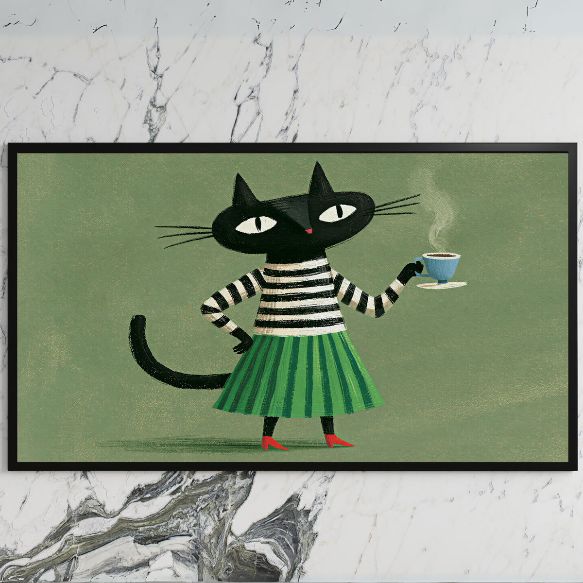 Black cat with a cup of tea art on a black TV on a white marble wall