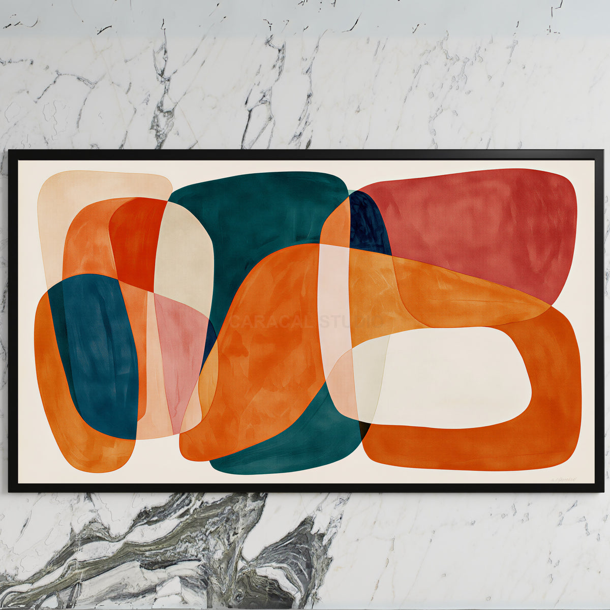 Organic shapes art on a black TV on a white marble wall