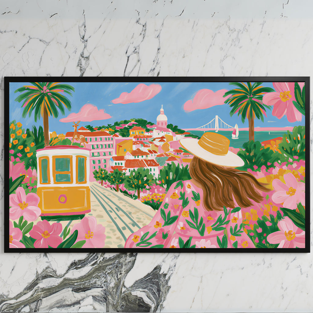 Lisbon tram art on a black TV on a white marble wall
