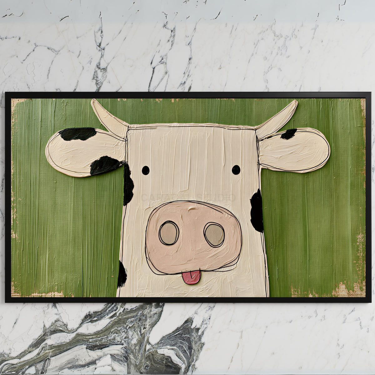 Funny cow art on a black TV on a white marble wall