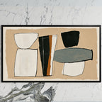 Mid century abstract shapes art on a black TV on a white marble wall