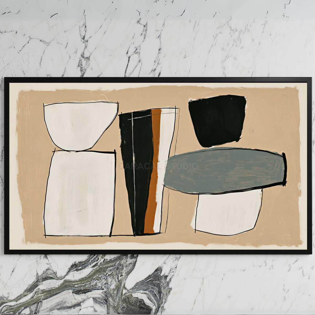 Mid century abstract shapes art on a black TV on a white marble wall