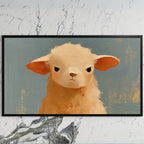 Grumpy lamb art on a black TV on a white marble wall