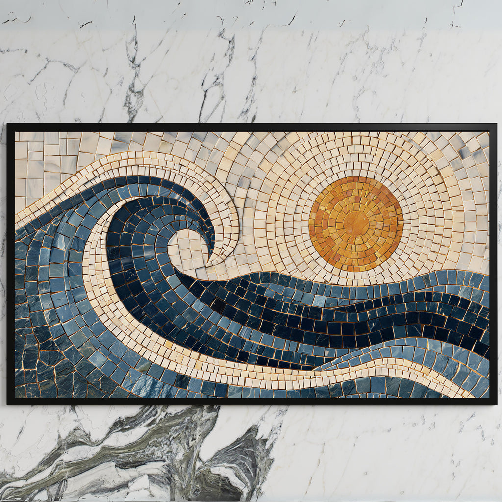 Mosaic wave art on a black TV on a white marble wall