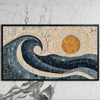 Mosaic wave art on a black TV on a white marble wall