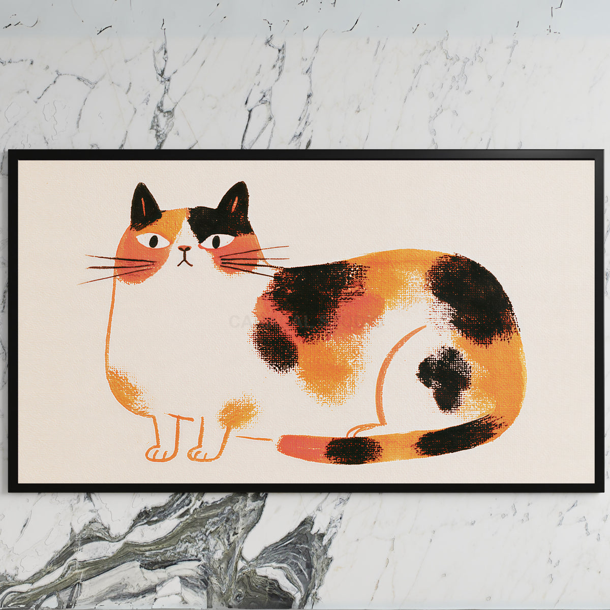 Calico cat art on a black TV on a white marble wall