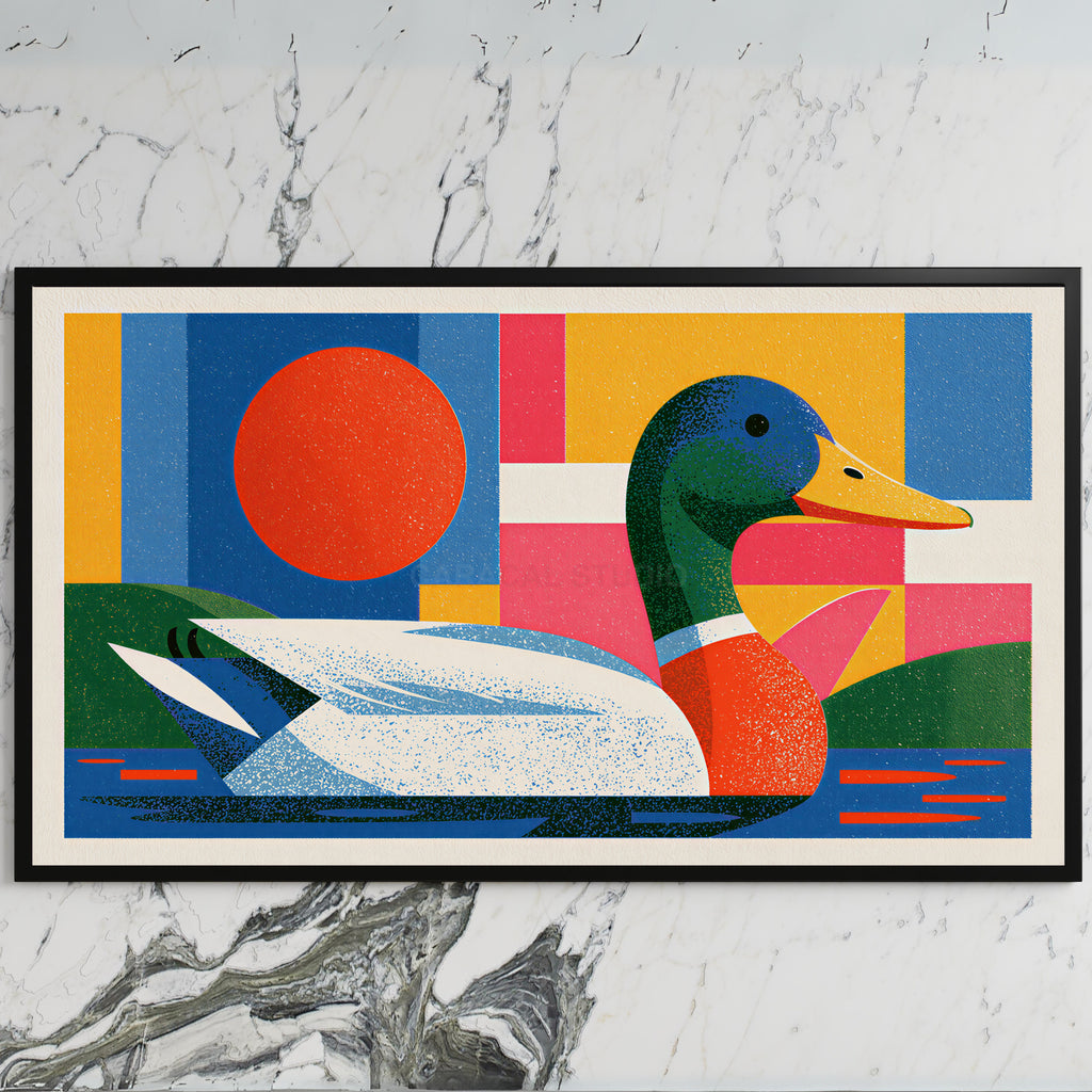 Colorful geometric mallard art on a black TV on a white marble wall
