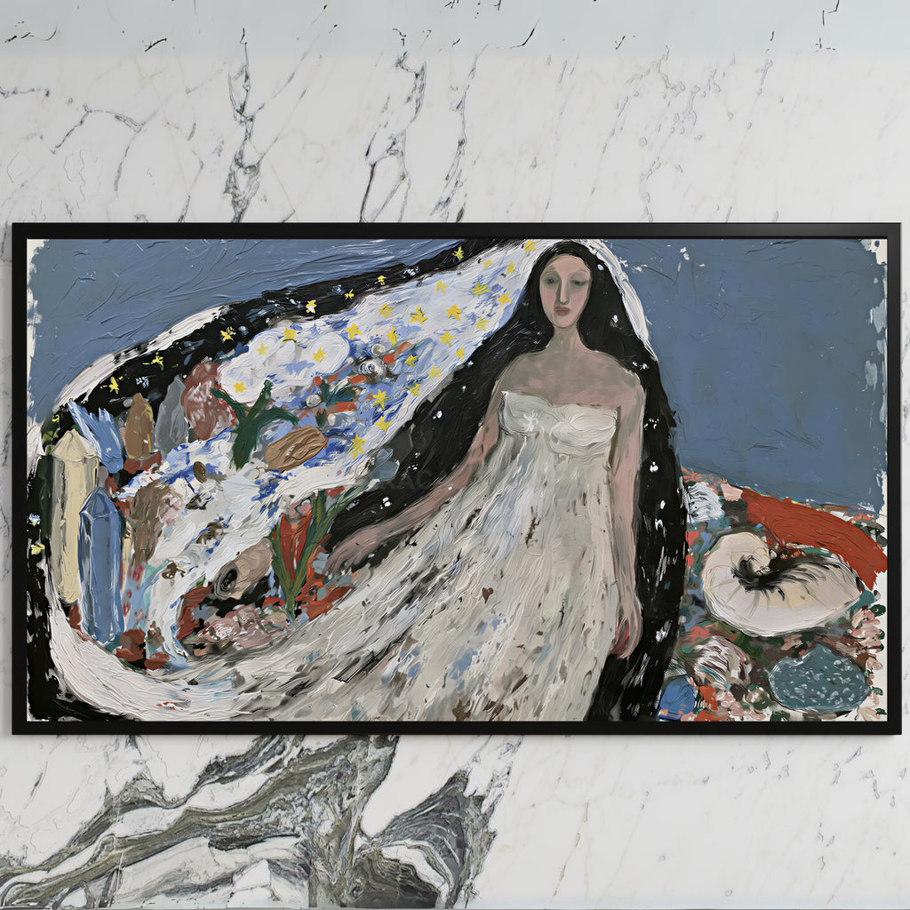 Starry veil woman art on a black TV on a white marble wall