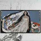 Starry veil woman art on a black TV on a white marble wall