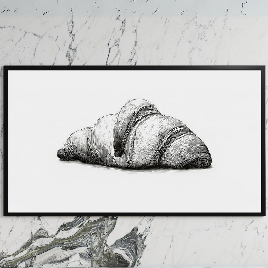Croissant etching art on a black TV on a white marble wall