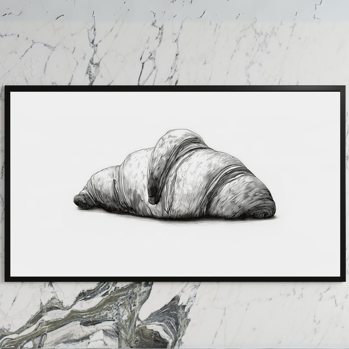Croissant etching art on a black TV on a white marble wall