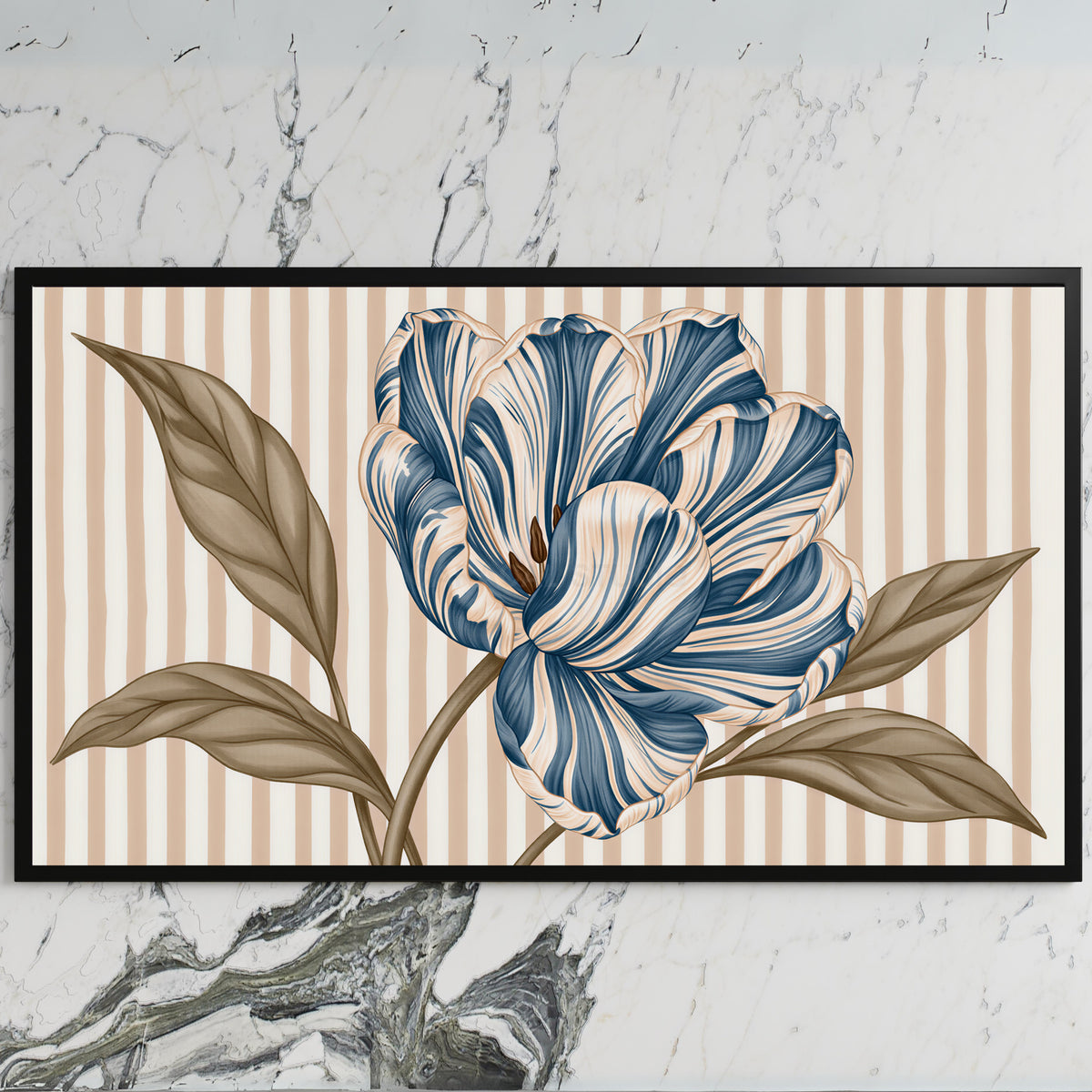 Striped tulip art on a black TV on a white marble wall