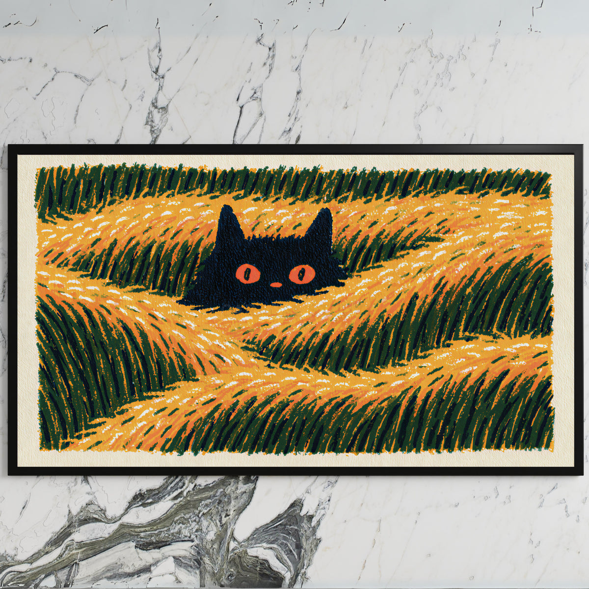 Black cat in grass art on a black TV on a white marble wall
