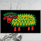 Pop art sheep art on a black TV on a white marble wall