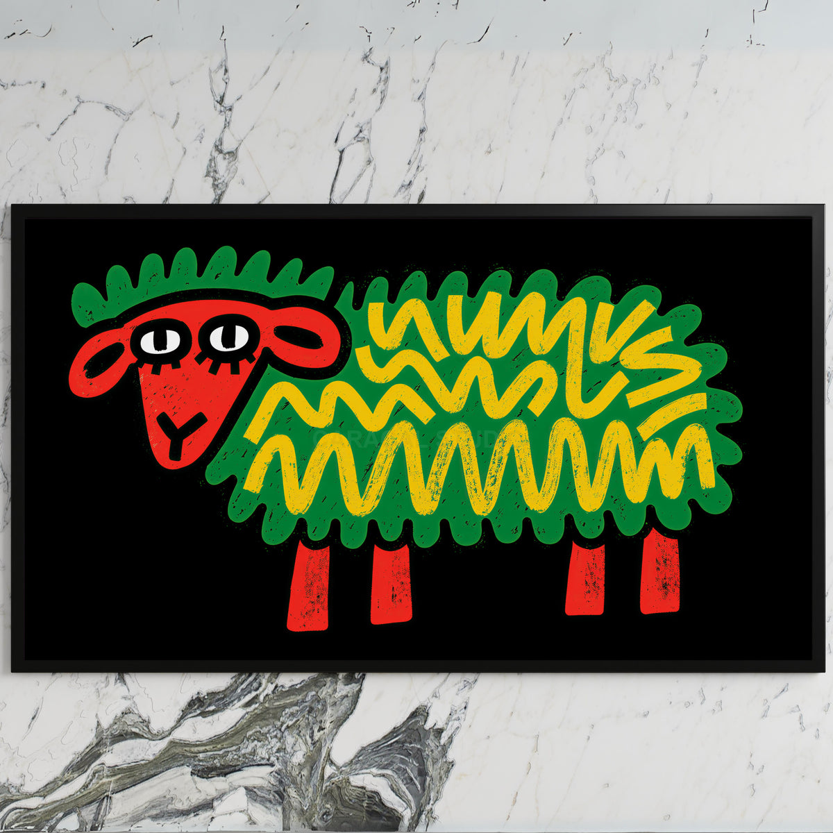 Pop art sheep art on a black TV on a white marble wall