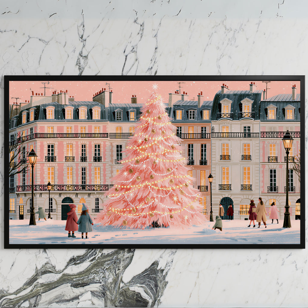 Paris pink Christmas tree art on a black TV on a white marble wall