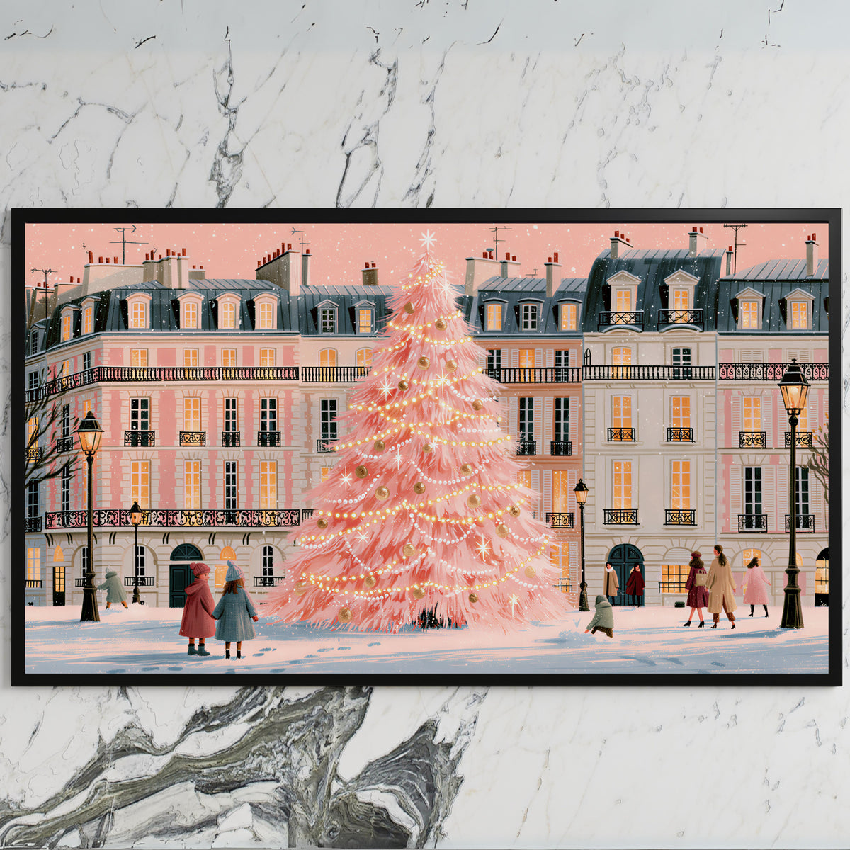 Paris pink Christmas tree art on a black TV on a white marble wall