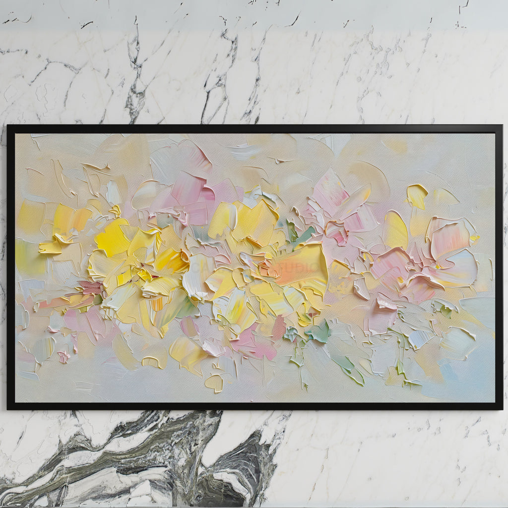 Pastel flower art on a black TV on a white marble wall