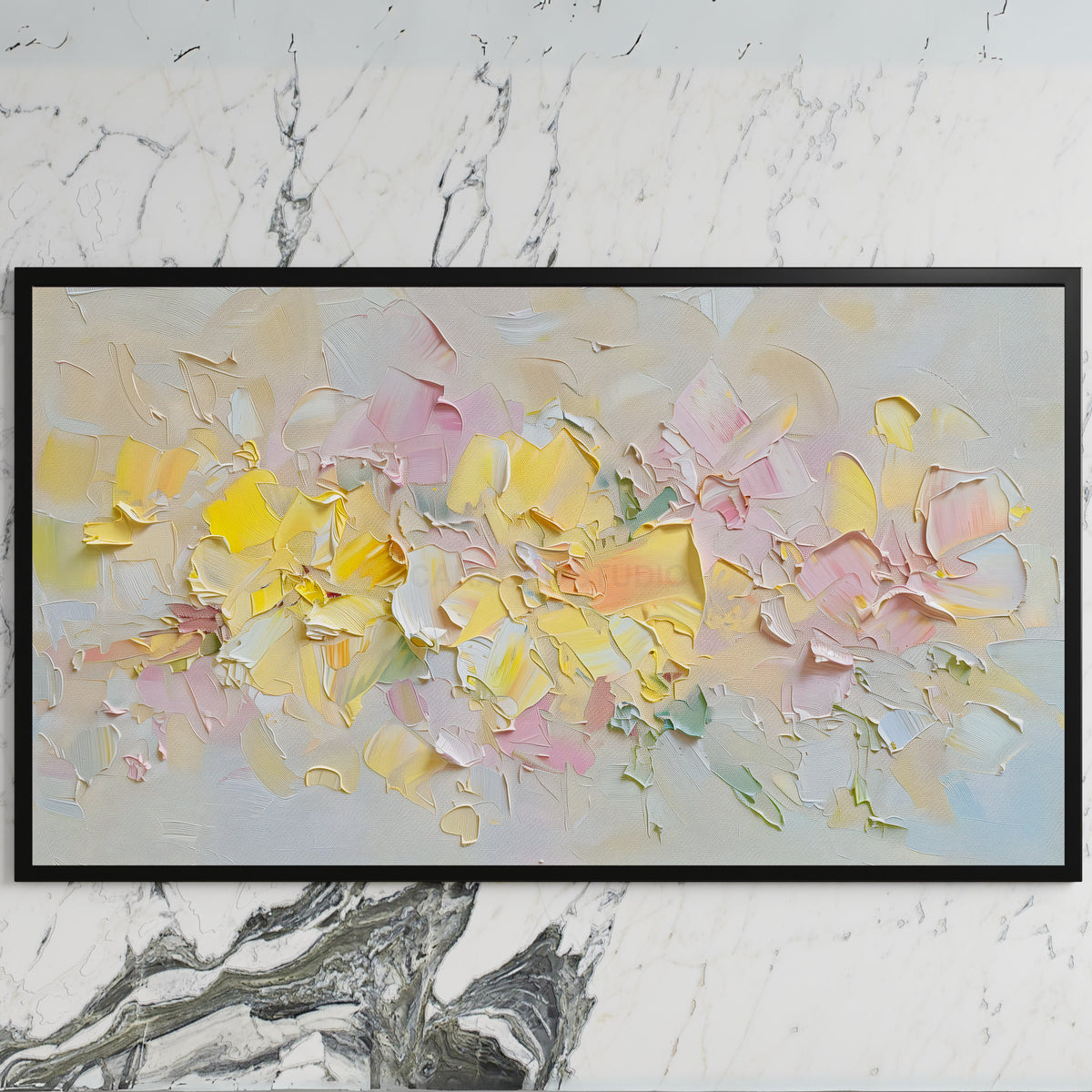 Pastel flower art on a black TV on a white marble wall