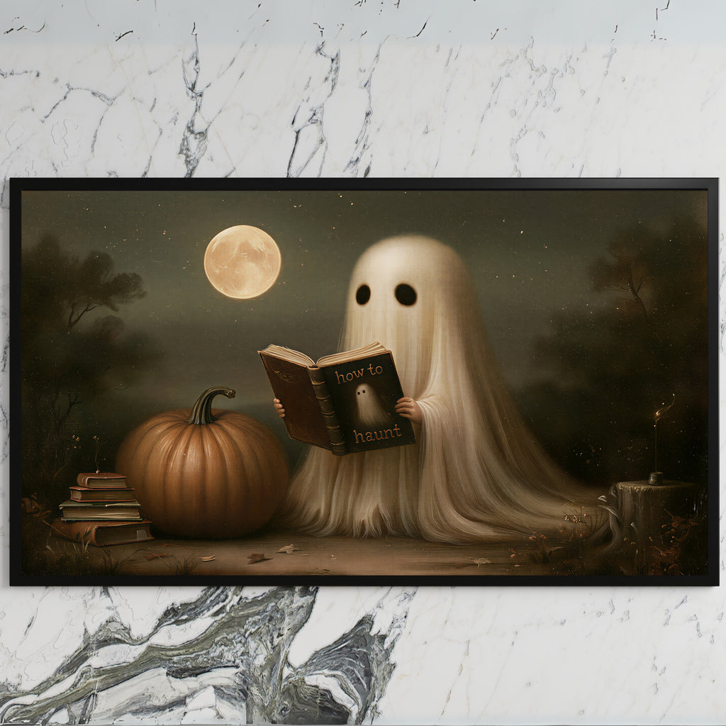 Ghost reading a book art on a black TV on a white marble wall