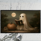 Ghost reading a book art on a black TV on a white marble wall
