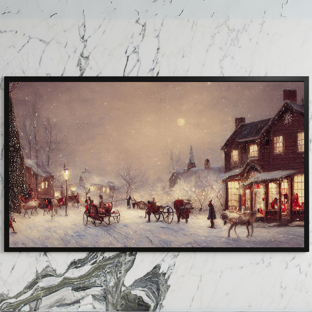 Snowy town with reindeer sleighs art on a black TV on a white marble wall