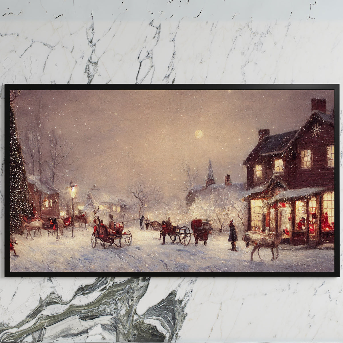 Snowy town with reindeer sleighs art on a black TV on a white marble wall