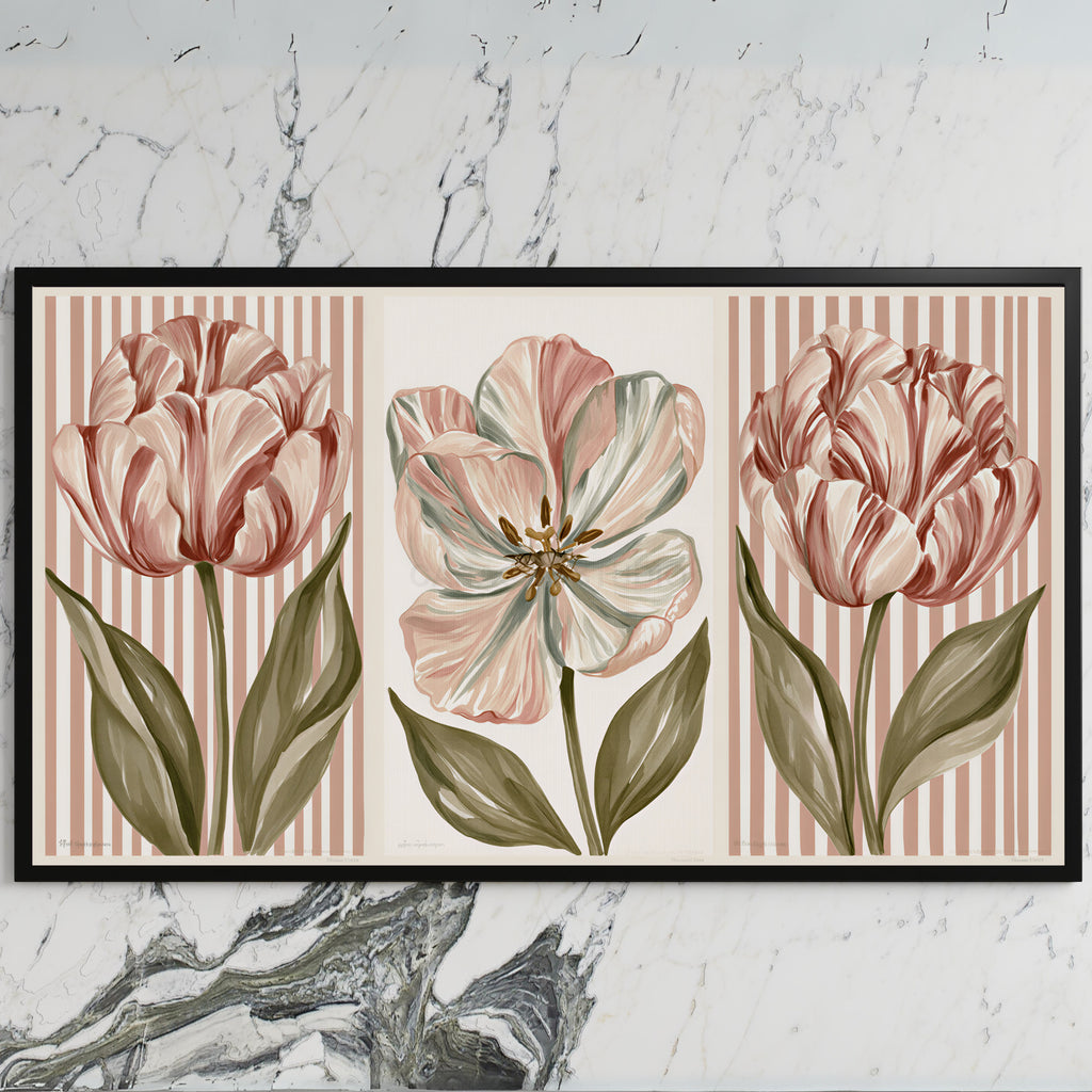 Tulip trio art on a black TV on a white marble wall