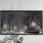 New York park at night art on a black TV on a white marble wall