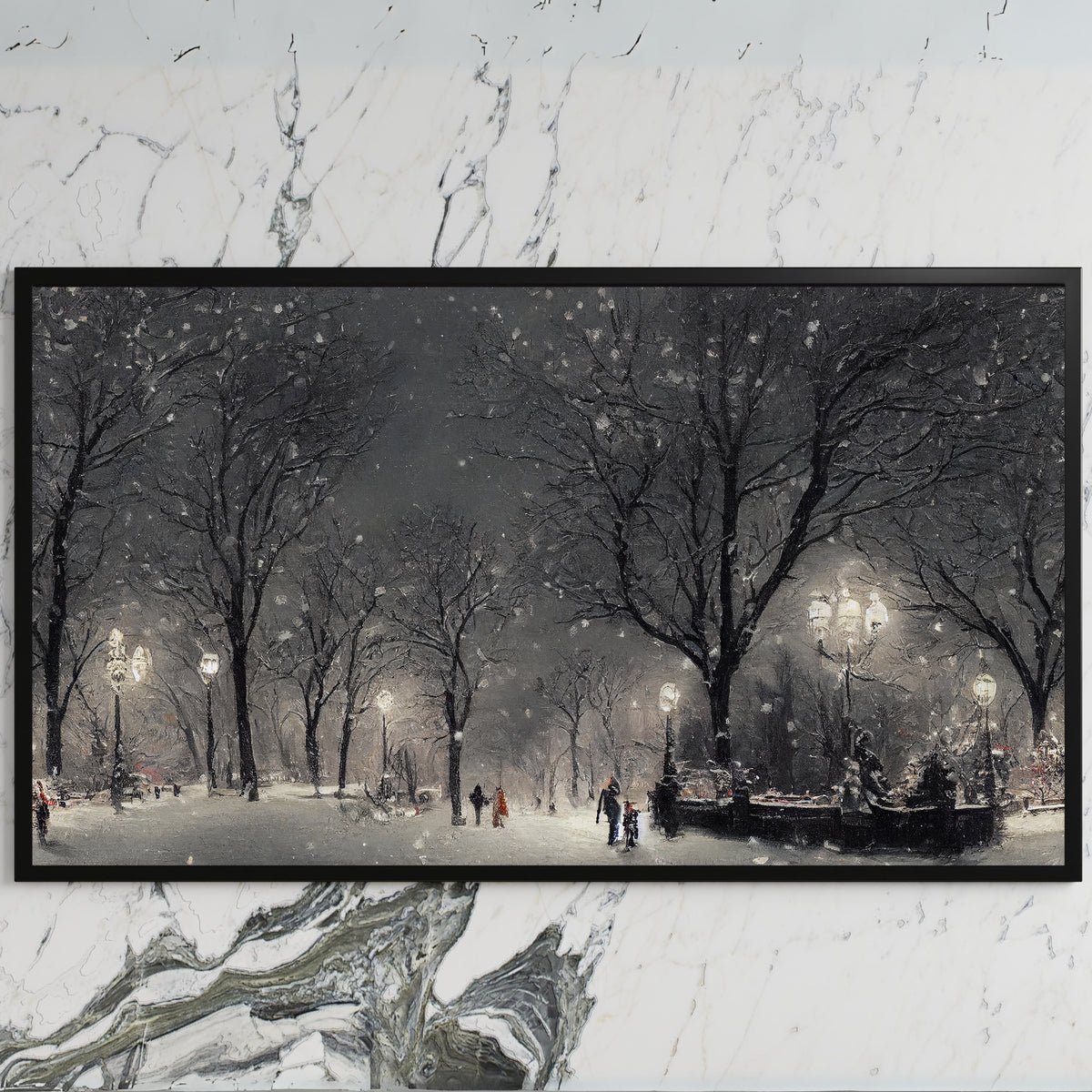 New York park at night art on a black TV on a white marble wall