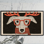 Whippet with reindeer antlers art on a black TV on a white marble wall